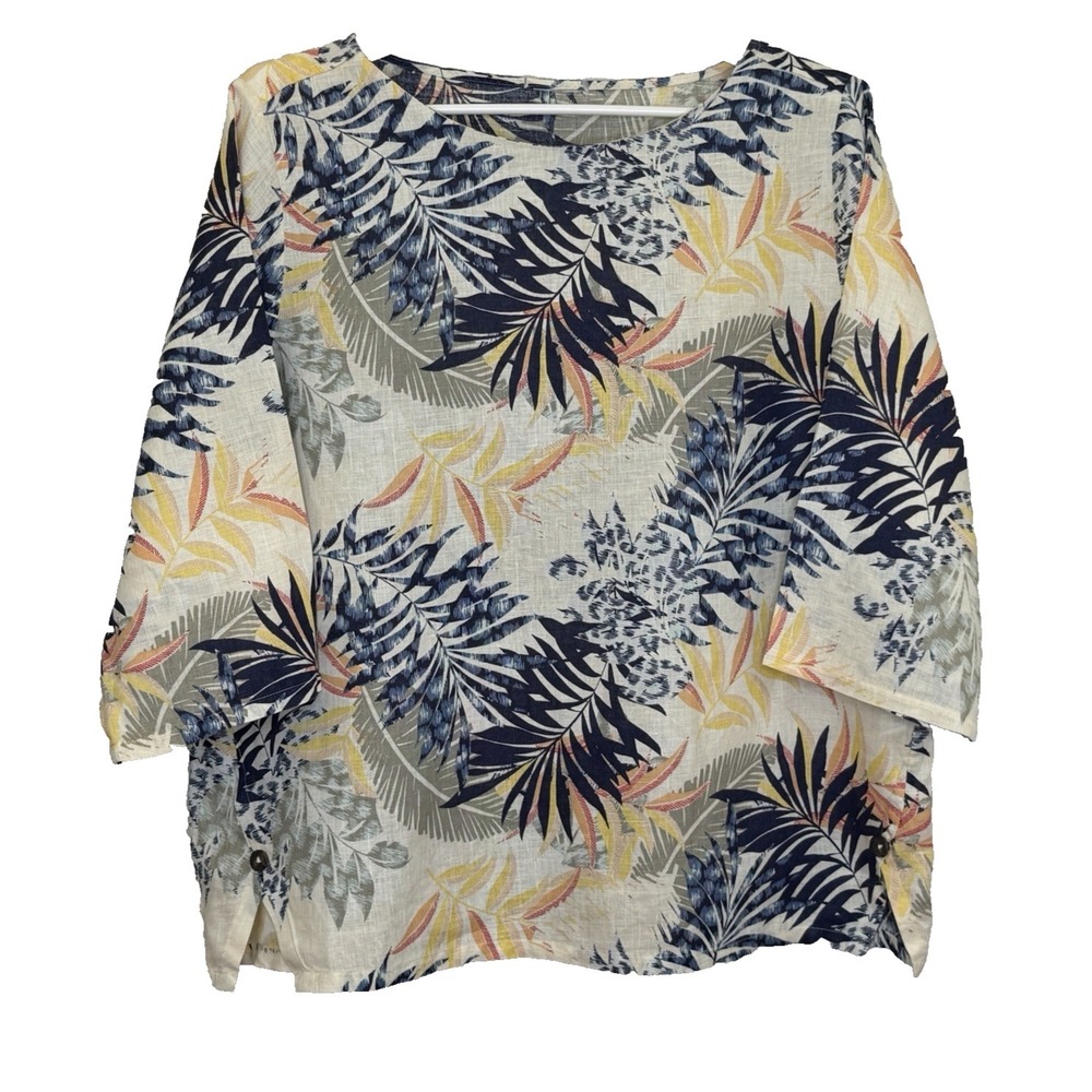 Chico's Pullover Top Womens Size 3 US XL Tropical Print 100% Linen 3/4 Sleeve